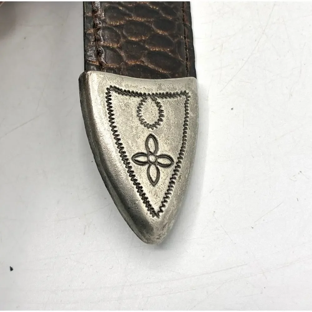 Vintage Brown Croc Embossed Belt Size 14 Ornate Silver Tone Western Buckle
